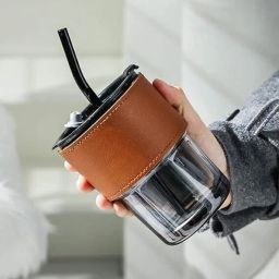 400ML Black Leather Grip Coffee Cup Sipper Glass with Straw Mug-image-79