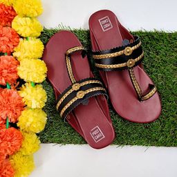 POSTCARD Kolhapuris Maroon & Black Braided One Toe Kolhapuri Flats-36
