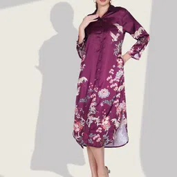 Dora Dori Women Floral Printed Slit Sleeve Satin Shirt Midi Dress-picture-17