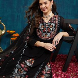 RAJGRANTH Floral Embroidered Empire Pure Georgette Straight Kurta with Palazzos & Dupatta-image-10
