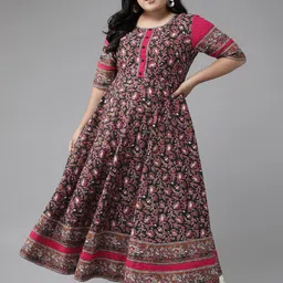 YASH GALLERY Plus Size Women Black & Pink Ethnic Motifs Printed A-Line Kurta-21