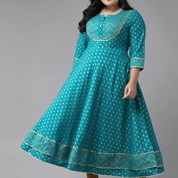 YASH GALLERY Women Plus Size Teal Blue & Golden Motifs Printed Gotta Patti Anarkali Kurta-picture-10