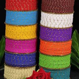 NMII Set of 2 Kundan-Studded  Zari Pattern and Ball Chain Linked Worked Bangles-13