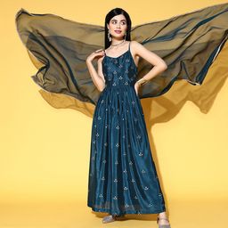 Sunehri Women  Teal Embellished Spaghetti Straps Dress-image-18
