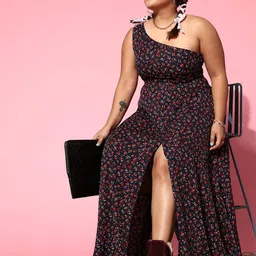 Berrylush Curve Women Navy Blue Floral Peekaboo Slit Dress-image-93