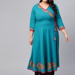 YASH GALLERY Women Plus Size Blue & Beige Solid Angrakha Anarkali Kurta-image-60