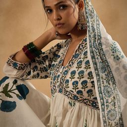 Indo Era Floral Printed Empire Pure Cotton Anarkali Kurta With Trouser & Dupatta-23