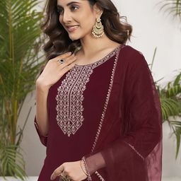 SANISA Floral Yoke Design Sequinned Chinon Straight Kurta With Trousers & Dupatta-44