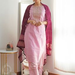 KALINI Ethnic Motifs Embroidered Sequinned Straight Kurta With Palazzos & Dupatta-image-102