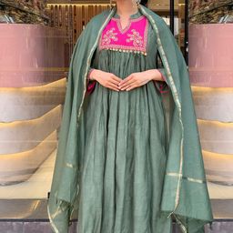 GoSriKi Floral Yoke Design Pleated Sequinned A-Line Kurta With Trousers & Dupatta-2