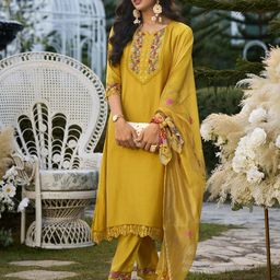 MOJILAA Floral Embroidered Regular Beads And Stones Kurta With Trousers & Dupatta-image-21
