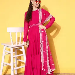 Inddus Women Thread Embroidered Georgette Kurta with Dupatta and Belt-picture-2