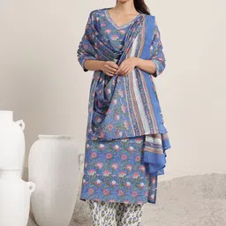 Libas Blue Floral Printed V-Neck Sequinned Straight Kurta With Salwar & Dupatta-picture-3