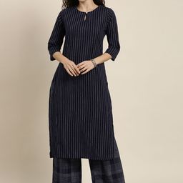 Vishudh Women Navy Blue Striped Regular Pure Cotton Kurta with Trousers-image-75