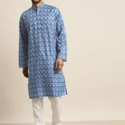 SOJANYA Men Blue & White Printed Regular Pure Cotton Kurta with Churidar-image-33