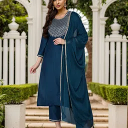 AHIKA Teal Blue Ethnic Motifs Yoke Design Sequinned Kurta with Trousers & Dupatta-22