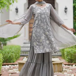 Indo Era Floral Embroidered Kurta With Sharara & Dupatta-picture-30