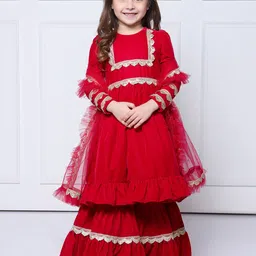THE PONY & PEONY CO. Girls Thread Work Velvet Anarkali Kurta with Sharara & With Dupatta-image-54