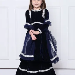 THE PONY & PEONY CO. Girls Thread Work Velvet Anarkali Kurta with Sharara & With Dupatta-image-56