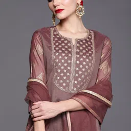 Inddus Women Mauve Ethnic Motifs Yoke Design Chanderi Cotton Kurta with Palazzos & Dupatta-10