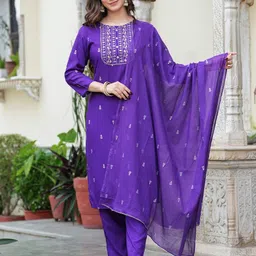 PHYSIL Women Floral Embroidered Regular Mirror Work Kurta with Pyjamas & With Dupatta-image-1