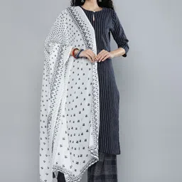 Vishudh Women Navy Blue Printed Pleated Pure Cotton Kurti with Palazzos & With Dupatta-picture-51