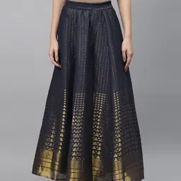AURELIA Women Navy Blue & Golden Woven Design Flared Maxi Skirt-image-51