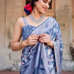 DIVASTRI Floral Printed Woven Design Zari Pure Silk Paithani Saree-image-92