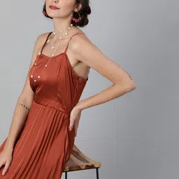 plusS Women Rust Brown Solid Satin Finish Accordion Pleat Midi A-Line Dress-image-43