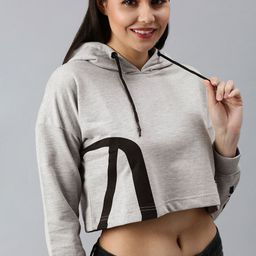 abof Women Grey Melange Print Detail Hooded Cropped Sweatshirt-image-15
