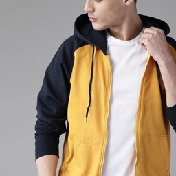 Roadster Men Mustard Yellow & Navy Blue Solid Hooded Sweatshirt-picture-12