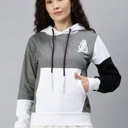 Campus Sutra Women Grey & White Colourblocked Hooded Sweatshirt-picture-7