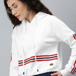 Campus Sutra Women White Striped Hooded Pure Cotton Sweatshirt-image-41