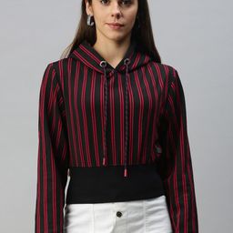 Campus Sutra Women Red & Black Striped Hooded Sweatshirt-image-99
