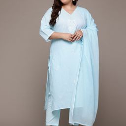 Readiprint Fashions Plus Size Floral Thread Work Pure Cotton Kurta with Palazzos & Dupatta-picture-22