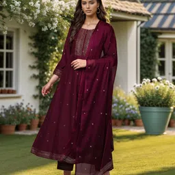 KALINI Ethnic Motifs Yoke Design Empire Thread Work Kurta with Trousers & Dupatta-image-63
