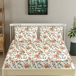 Trance Home Linen Rust Orange & White Floral Printed180 TC Fitted Cotton King Bedsheet Set-25