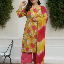 Azira Plus Size Floral Printed Gotta Patti Pure Cotton Straight Kurta & Palazzos & Dupatta-picture-11