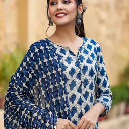 AHIKA Women Off White Floral Printed Kurta with Trousers & With Dupatta-image-88