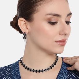 AITIHYA Oxidised Silver-Plated Stone Studded Necklace & Earrings Jewellery Set-image-48