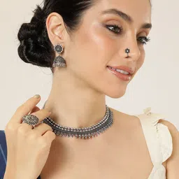 AITIHYA Silver-Plated Oxidised Necklace Set With Nosepin & Ring-image-15
