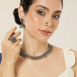 AITIHYA Silver-Plated Oxidised Necklace Set With Nosepin & Ring-23