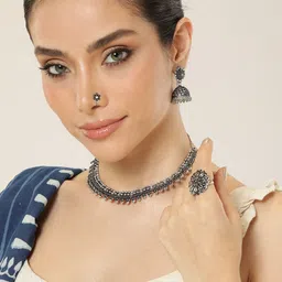 AITIHYA Silver-Plated Oxidised Necklace Set With Nosepin & Ring-image-52