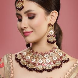 PANASH Gold Plated Kundan Studded & Beaded Necklace And Earrings With Maang Tika-54