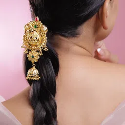 Rubans 22K Gold-Plated Ruby & Emerald Divine Temple Braid Hair Accessory with Jhumka Drop-16