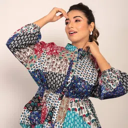 KAORI BY SHREYA AGARWAL Floral Print Puffed Sleeve Cotton Peplum Top-image-41