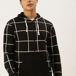 Campus Sutra Men Black & Off White Checked Hooded Sweatshirt-image-63