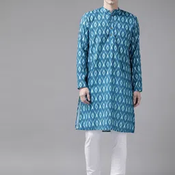 VASTRAMAY Men Turquoise Blue Ethnic Motifs Printed Indie Prints Pure Cotton Kurta-image-60
