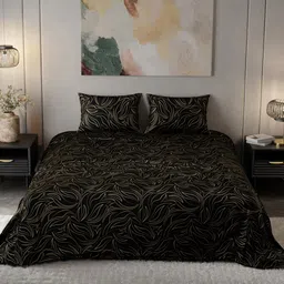 Stoa Paris Gold Toned & Black Floral Printed 300 TC King Satin Bedsheet With 2 Pillow Covers-image-85