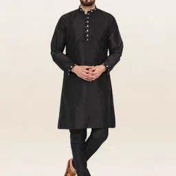 Enciger Men Black Ethnic Motifs Embroidered Thread Work Dupion Silk Kurta with Churidar-picture-50